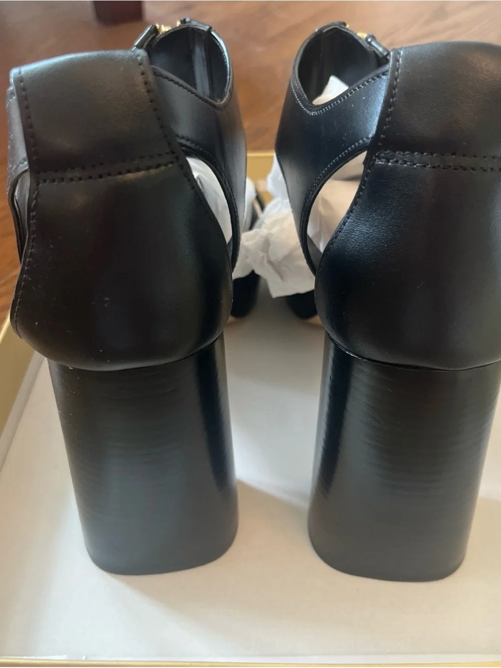 New Michael Kors Black Leather Block-Heel Zip Berkley Platform Sandal sz 11
